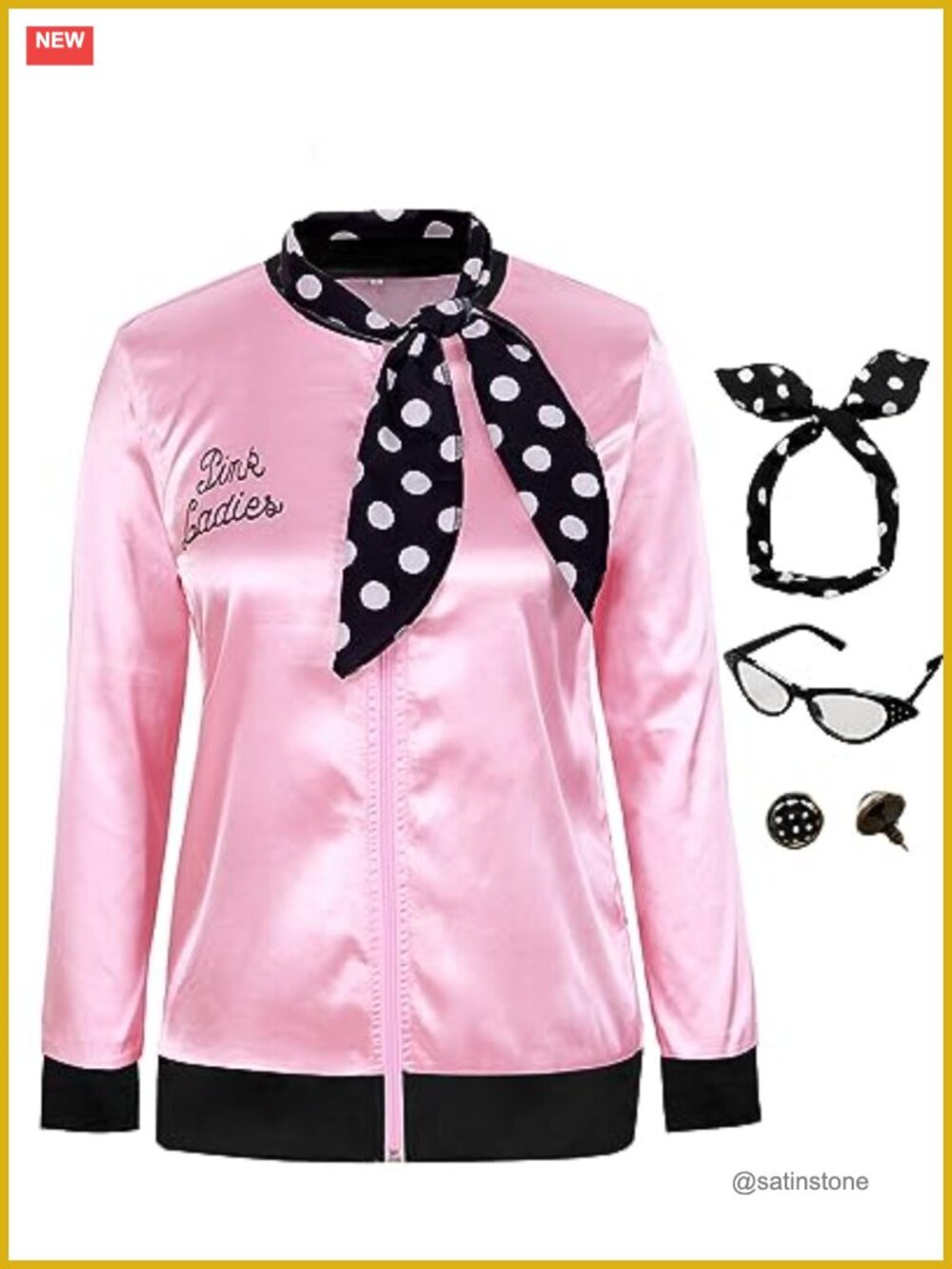 1950s Satin Jacket Cosplay Costume with Scarf Earrings Glasses